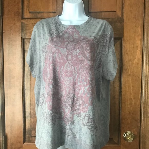 FINAL PRICE - Self Esteem Gray with Fuchsia & Blue Roses Short Sleeve Tee XL - Picture 1 of 11